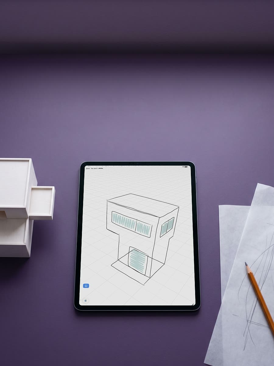 An iPad on a purple desk showing a freehand sketch of a two-story house drawn in 3D, beside a white house model, tracing paper and a pencil