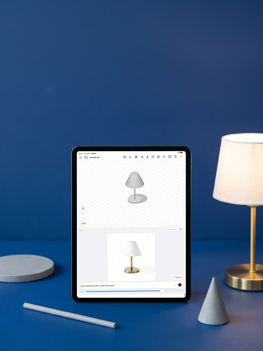 An iPad on a blue table showing a simple 3D lamp shape and the same lamp as a brass table lamp with a white shade, beside the real lamp, a concrete cone and an Apple Pencil