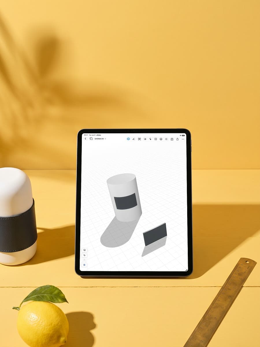An iPad on a sunny yellow table showing a dark panel wrapped onto a 3D cylinder, beside a white flask with a black band, a lemon and a brass ruler