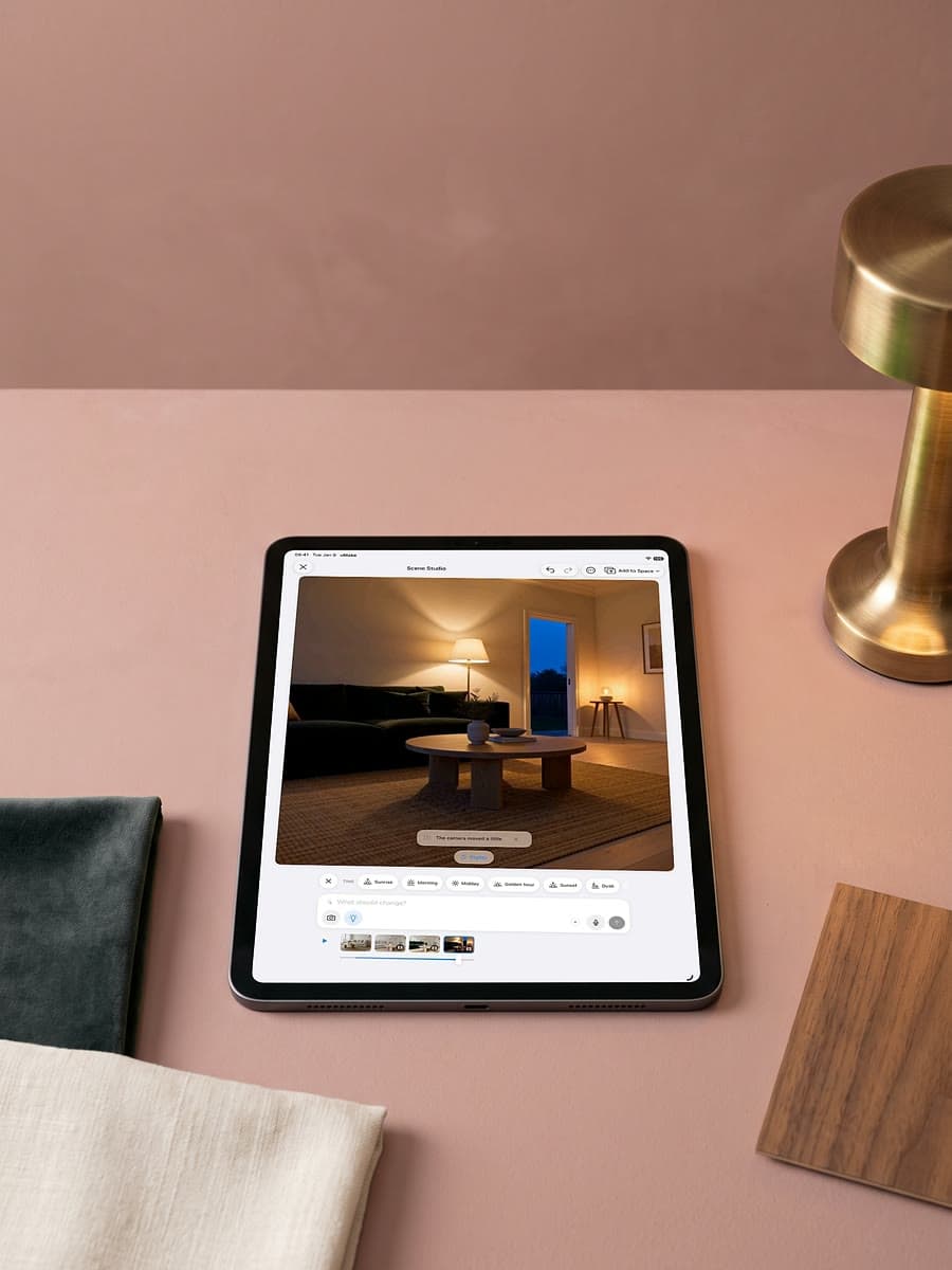 An iPad on a pink table showing Scene Studio: a living room at dusk lit by a floor lamp, with a strip of clips below, beside a brass lamp and a walnut sample