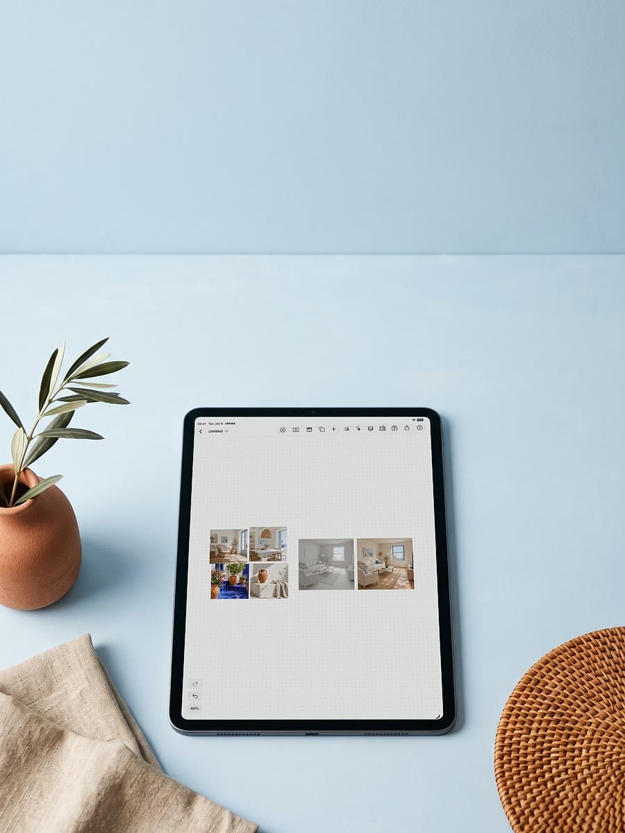 An iPad on a pale blue table showing a board of living room photos, beside an olive branch in a clay vase, linen and a rattan coaster