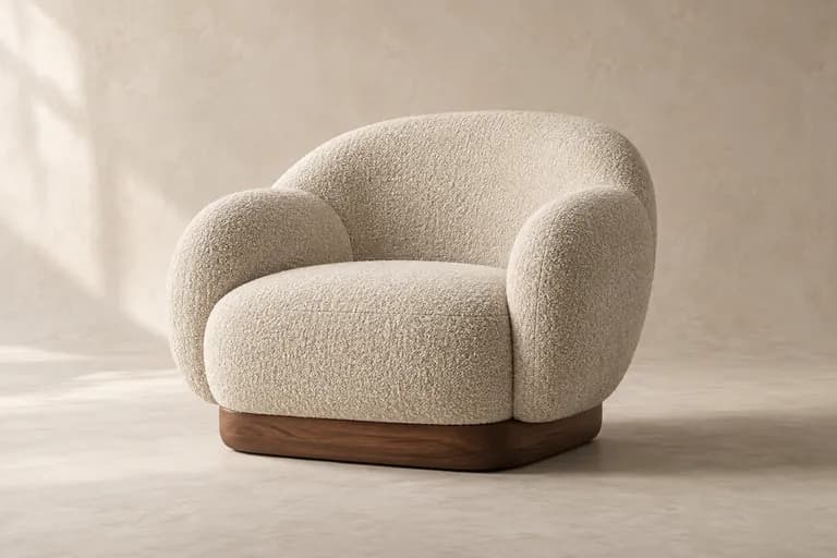 A boucle armchair in a sunlit studio: the still, the camera orbiting around it, then the armchair changed to burnt-orange velvet