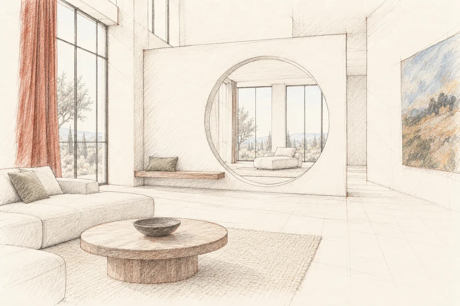 A living room with a round opening in a plaster screen, drawn as a loose pencil sketch