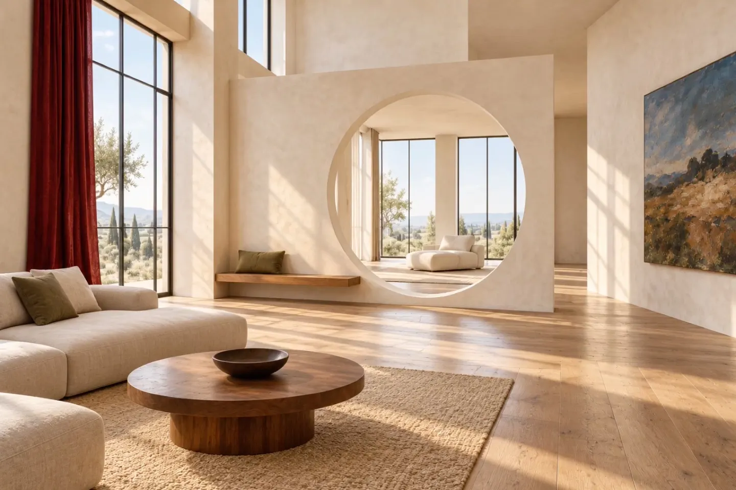 A living room with a round opening in a plaster screen: the camera moves in as the light turns to sunset and the walls change to rose clay
