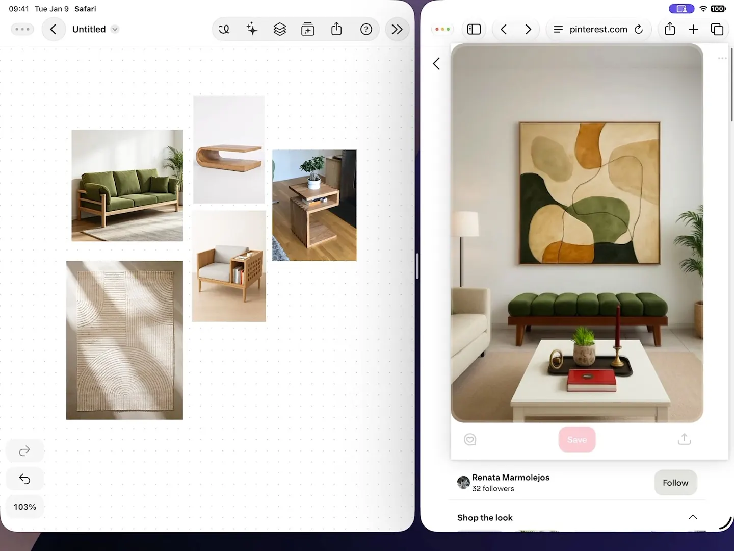 References dragged into a Space from a web browser in Split View, selected, and composed into one living-room scene