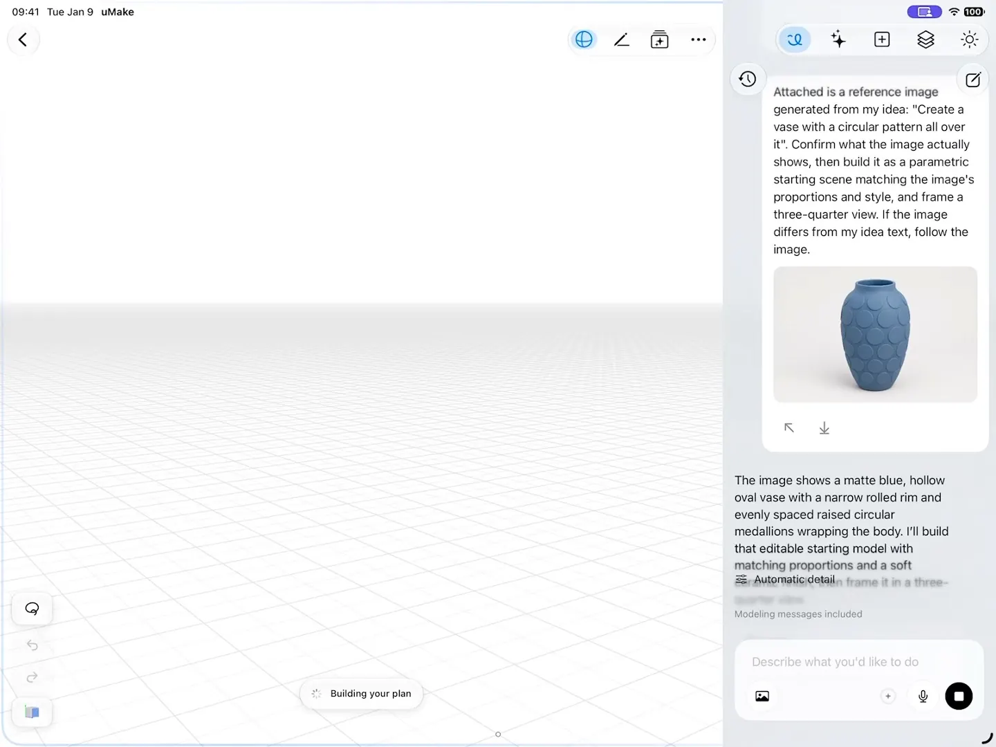 AI Design Partner reads a reference image of a blue vase and builds an editable 3D model of it on the canvas