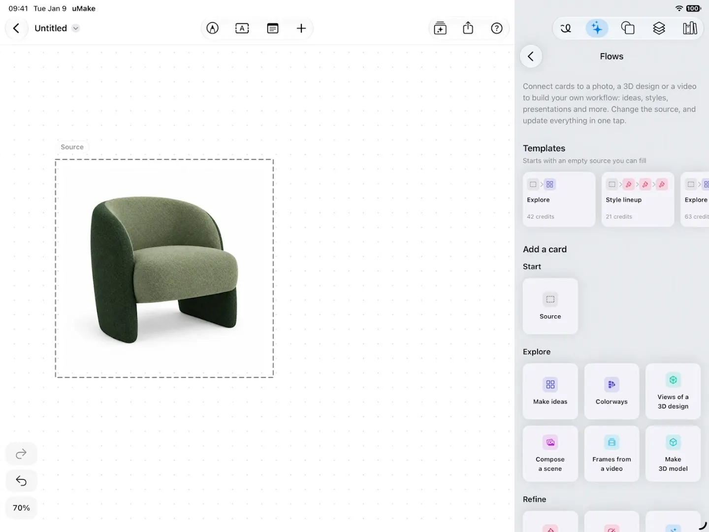 A Space in uMake: a green armchair as the Source, a Make ideas card wired to it and its colorways beside it, one composed into a living room, and a card with words making new ideas for the room