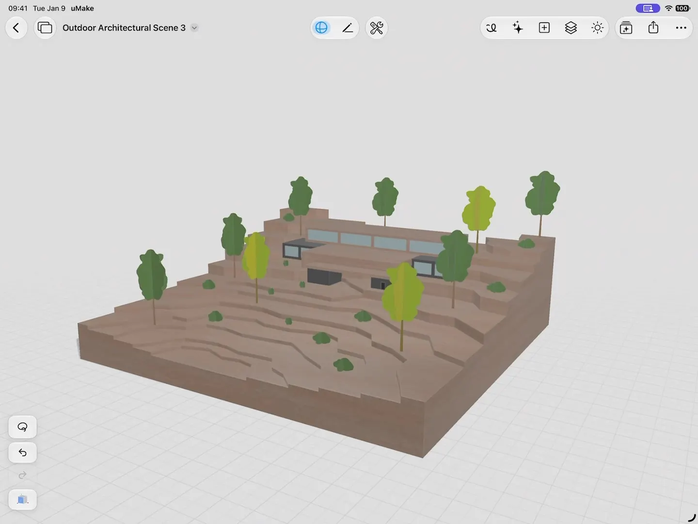 One tree recolored in Edit Group on a terraced site, with every linked instance of it following