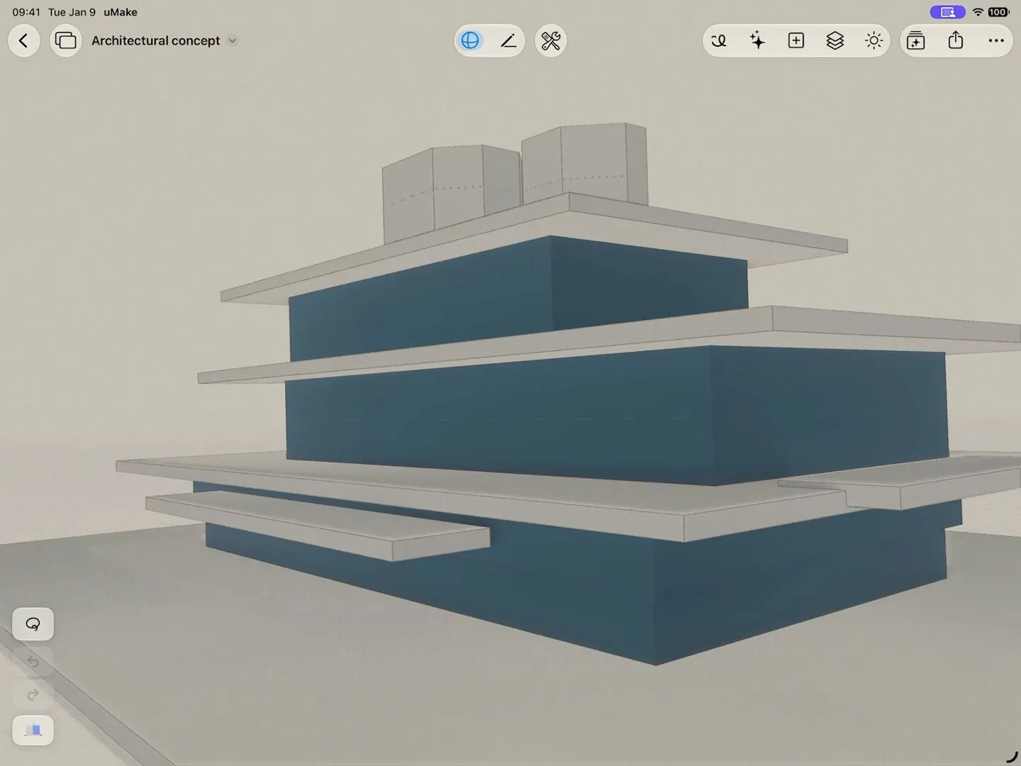A massing model beside its Live AI Preview: as the view turns, the photorealistic render of the building follows