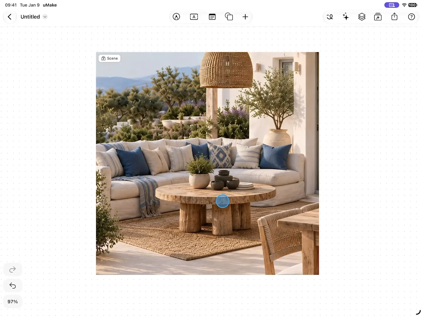 Scene Studio on a terrace: the pillows changed to terracotta by a typed request, then the light set to golden hour, each change saved as a clip
