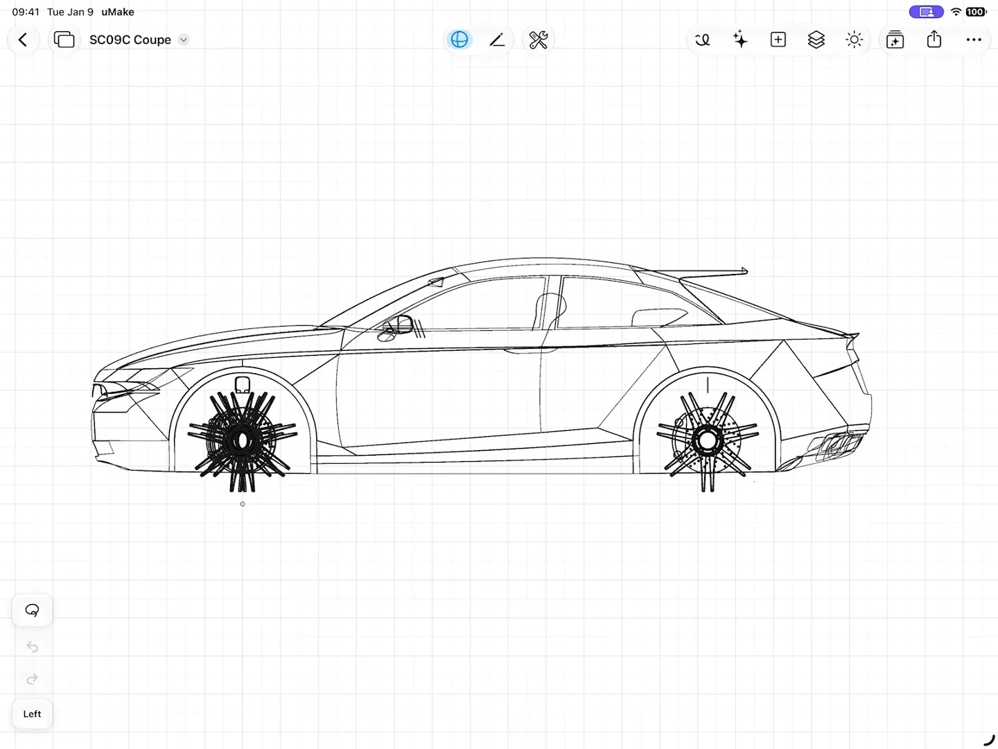 A coupe in the uMake 3D editor, first as its curves, then with its surfaces switched on, orbiting in 3D