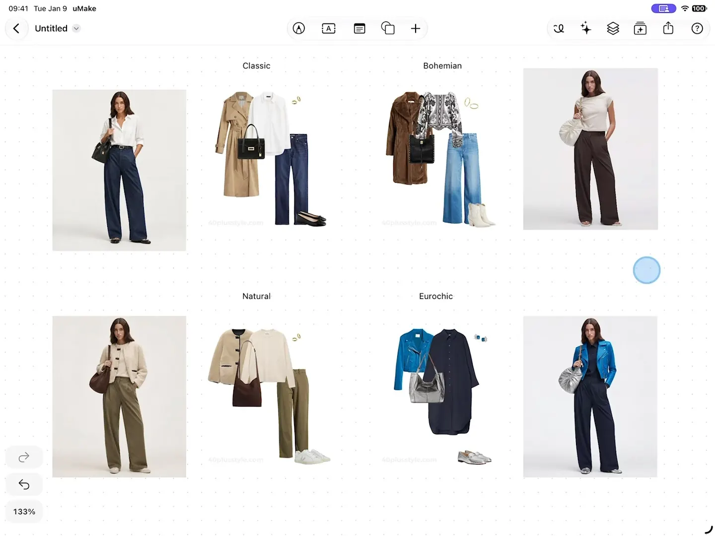 A saved style from My Styles applied to a photo of a model, changing her outfit to match the style