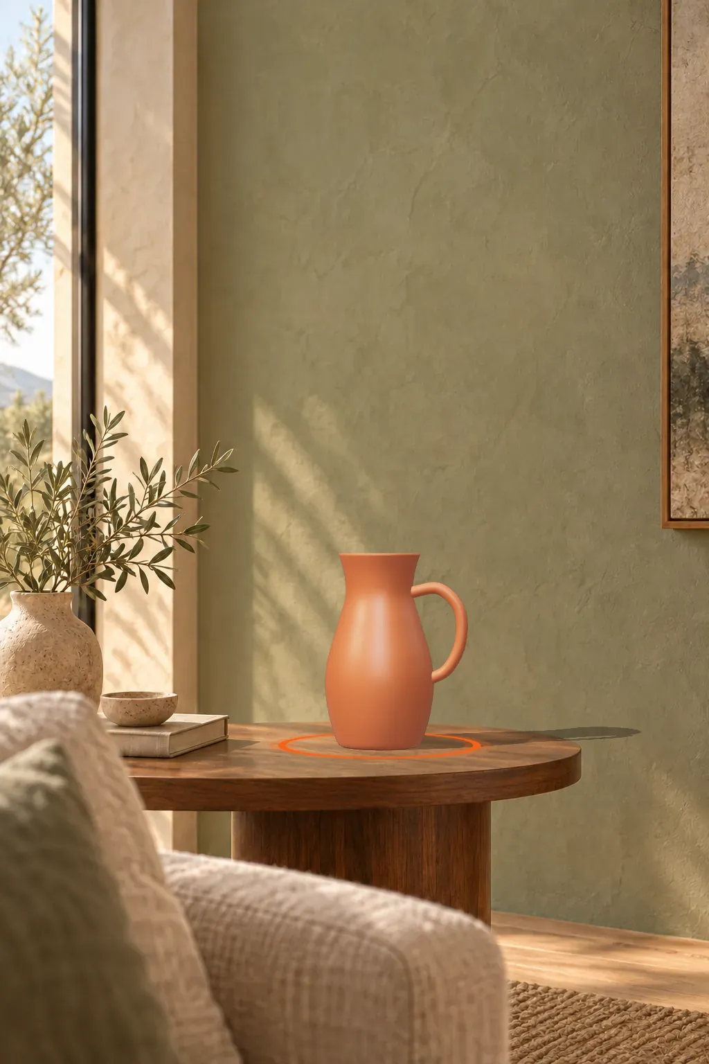 A terracotta jug placed on a walnut side table against a sage plaster wall, as seen in AR