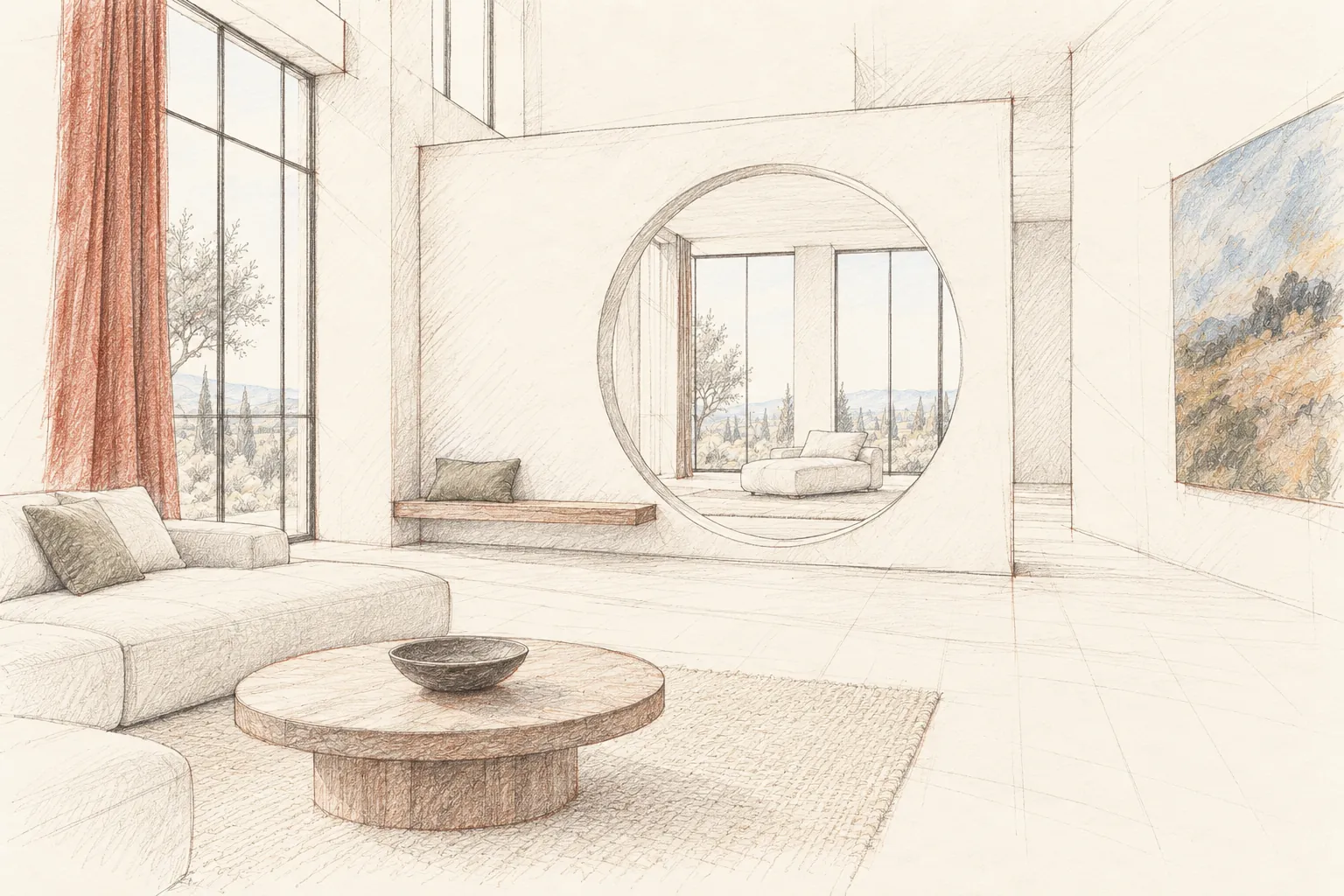 A pencil study of the light-screen living room